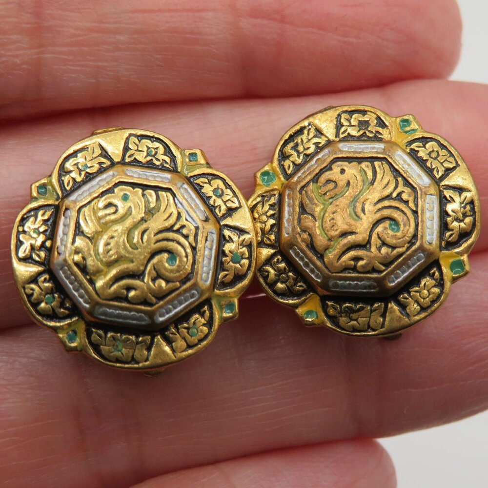Vintage Damascene Etruscan Revival Style Clip On Earrings